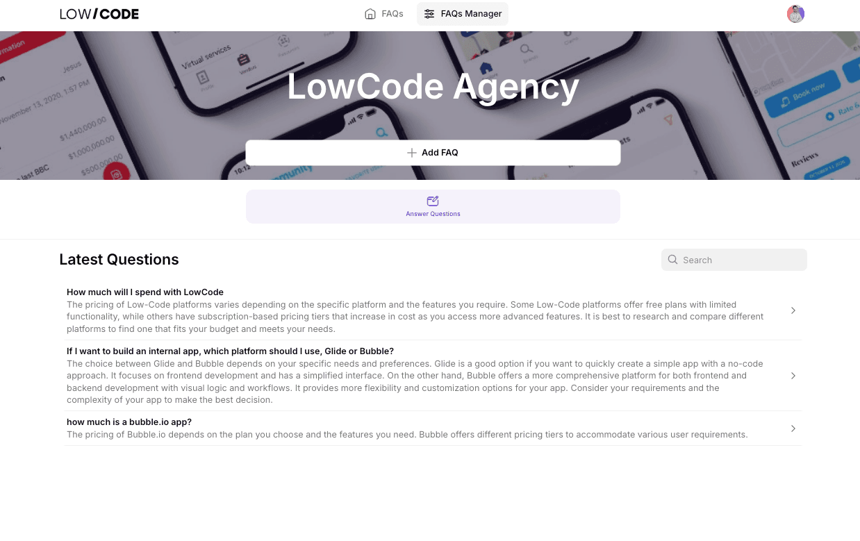 Screenshot of LCA FAQs - AI & Automation Glide template